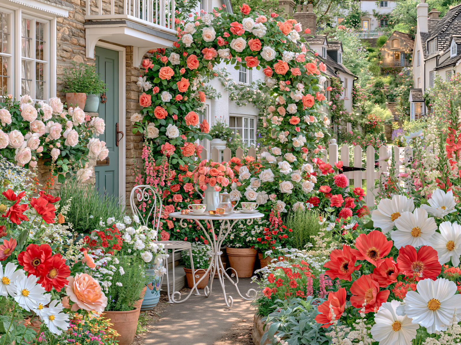 A small round iron table laid for tea beneath a rose arch in front of a stone cottage, surrounded by flowers