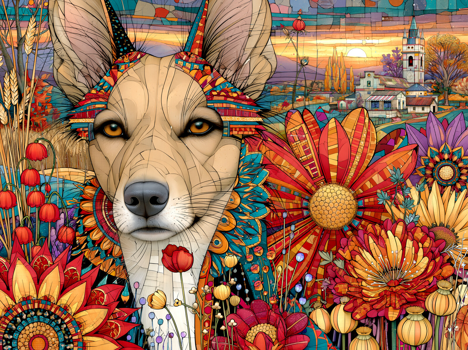 A tan dog in a folk-art flower garden with a village spire at sunset