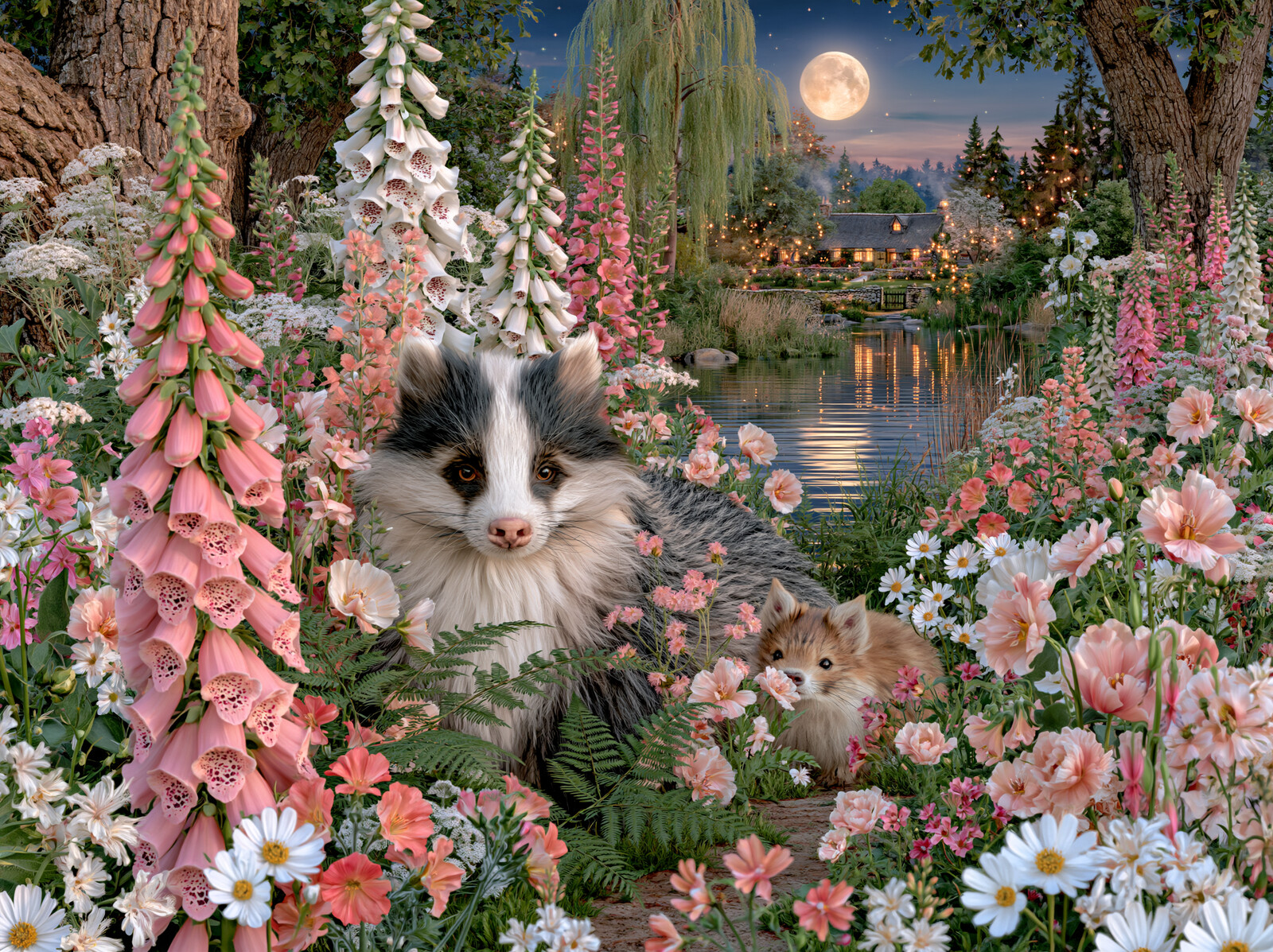 A badger and her cub among tall pink foxgloves beside a moonlit lake and cottage