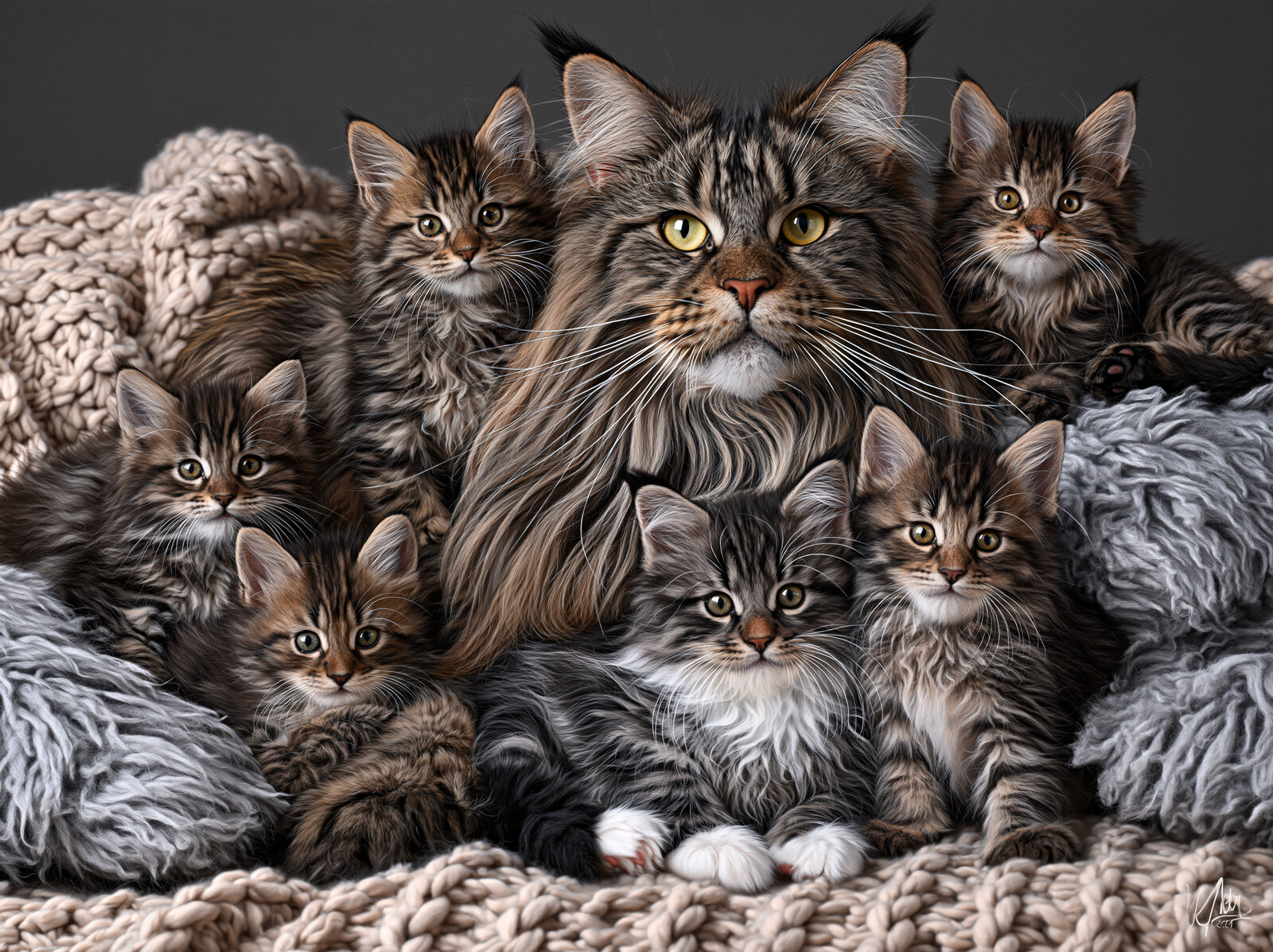 Cat with Her Six Kittens