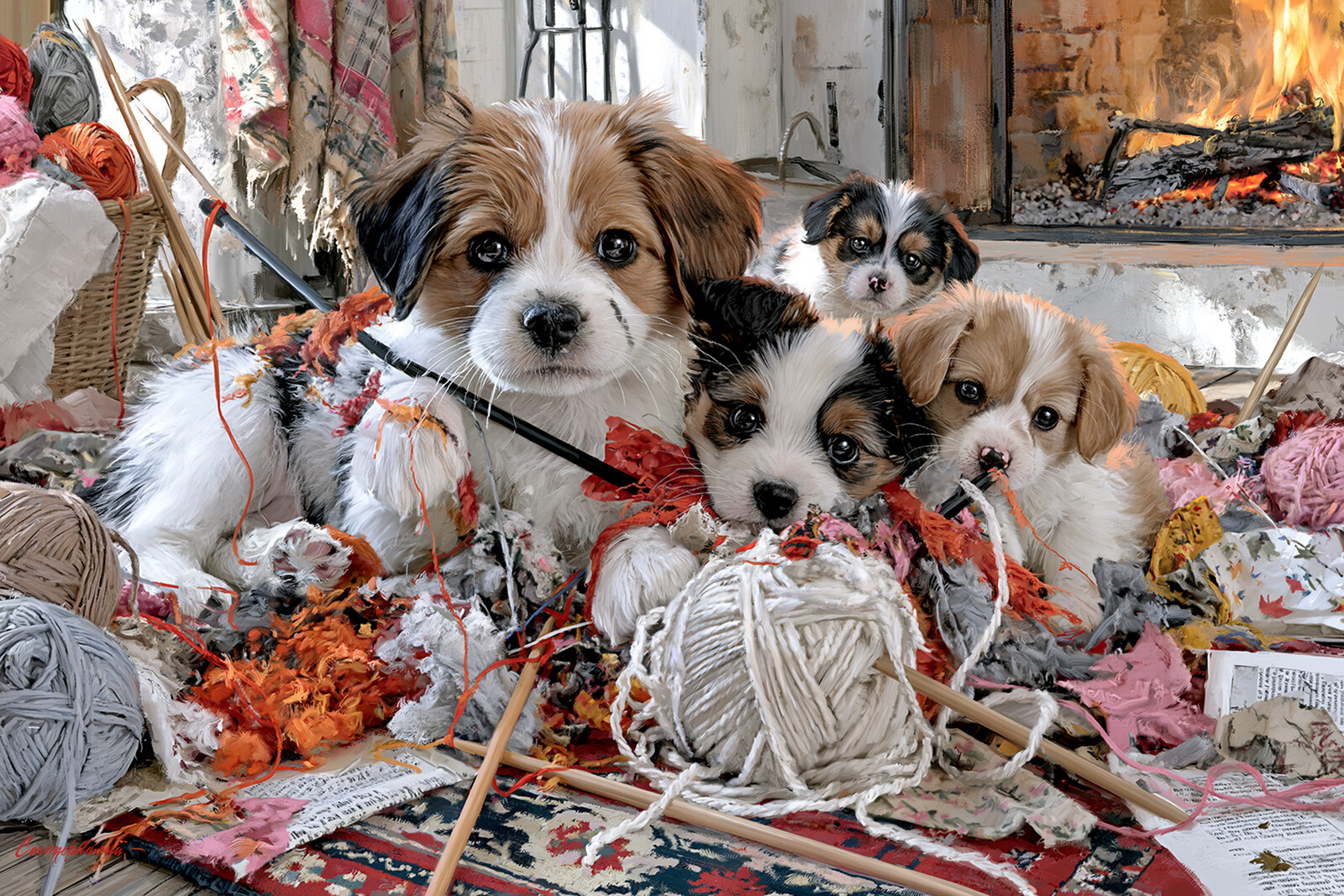 Cute Puppies Tangled in Knitting Wool