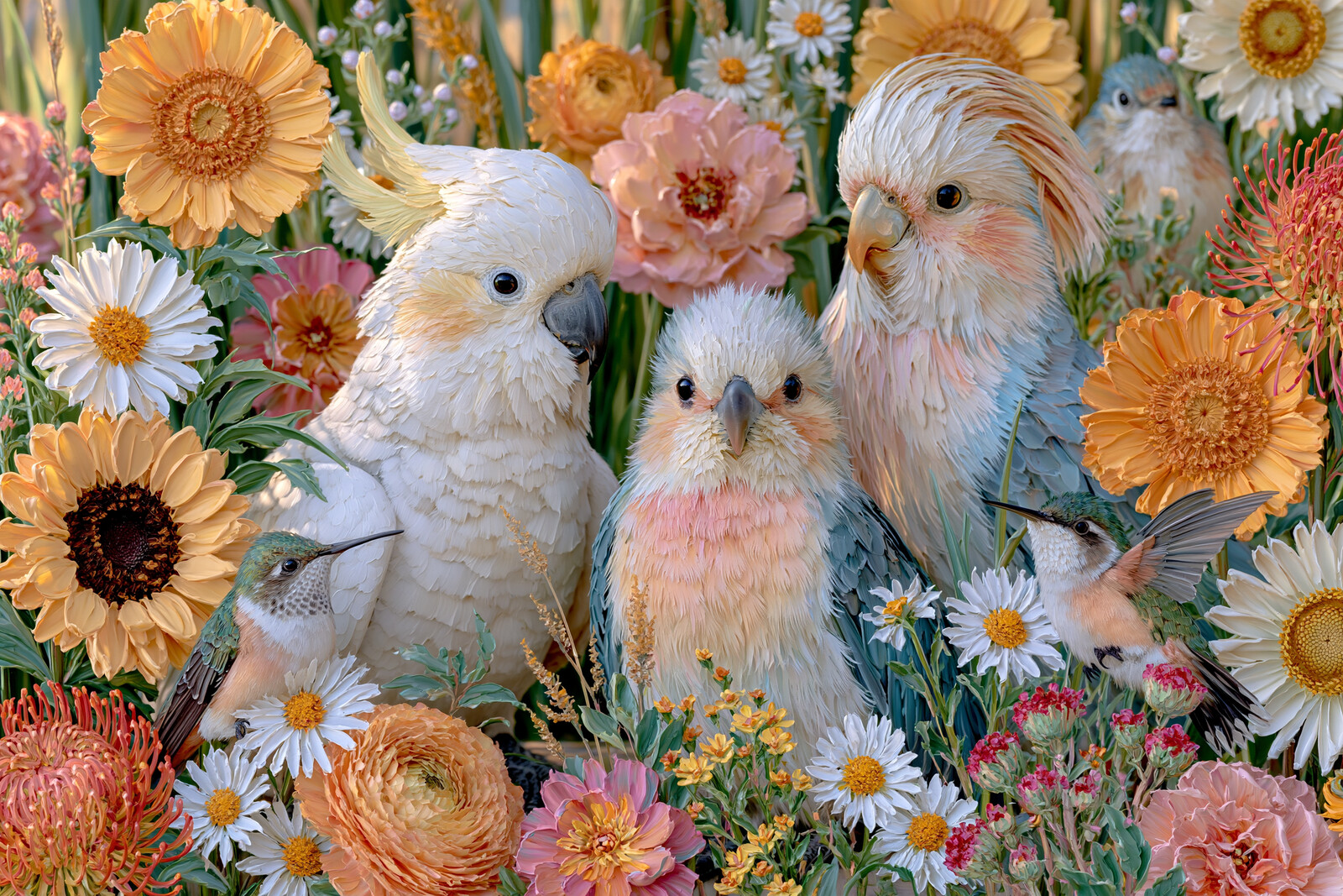 Artwork - Cockatoos and Hummingbirds in Sunflowers
