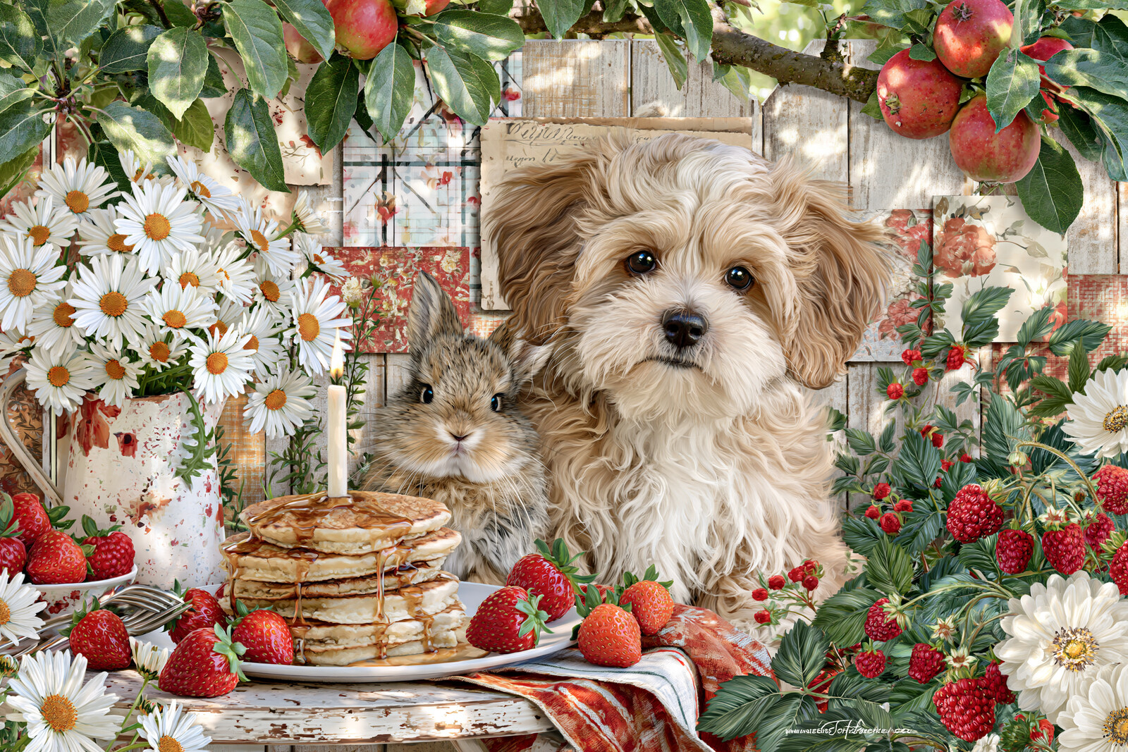 Puppy and Rabbit eating pancakes