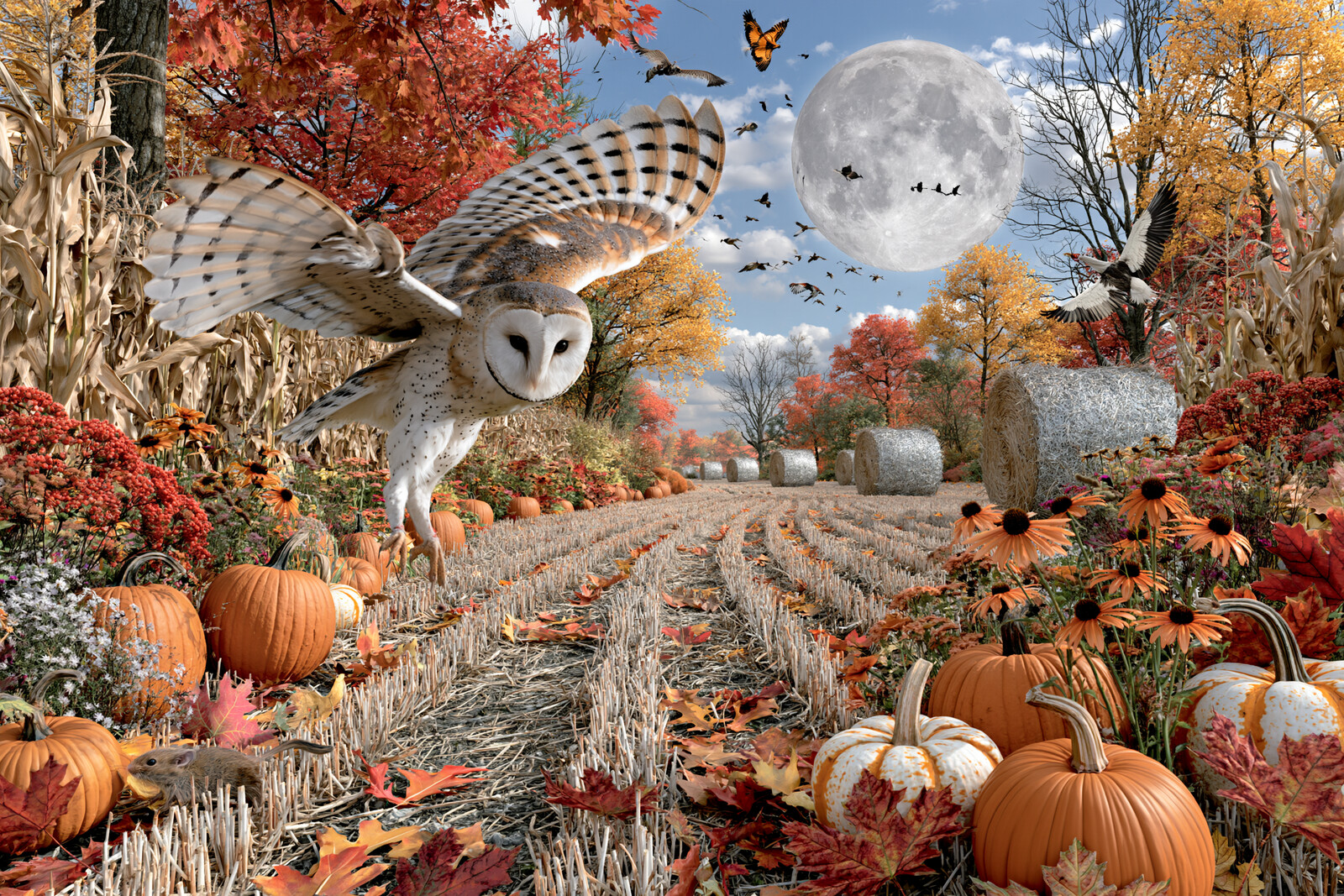 Barn Owl Over the Pumpkin Field