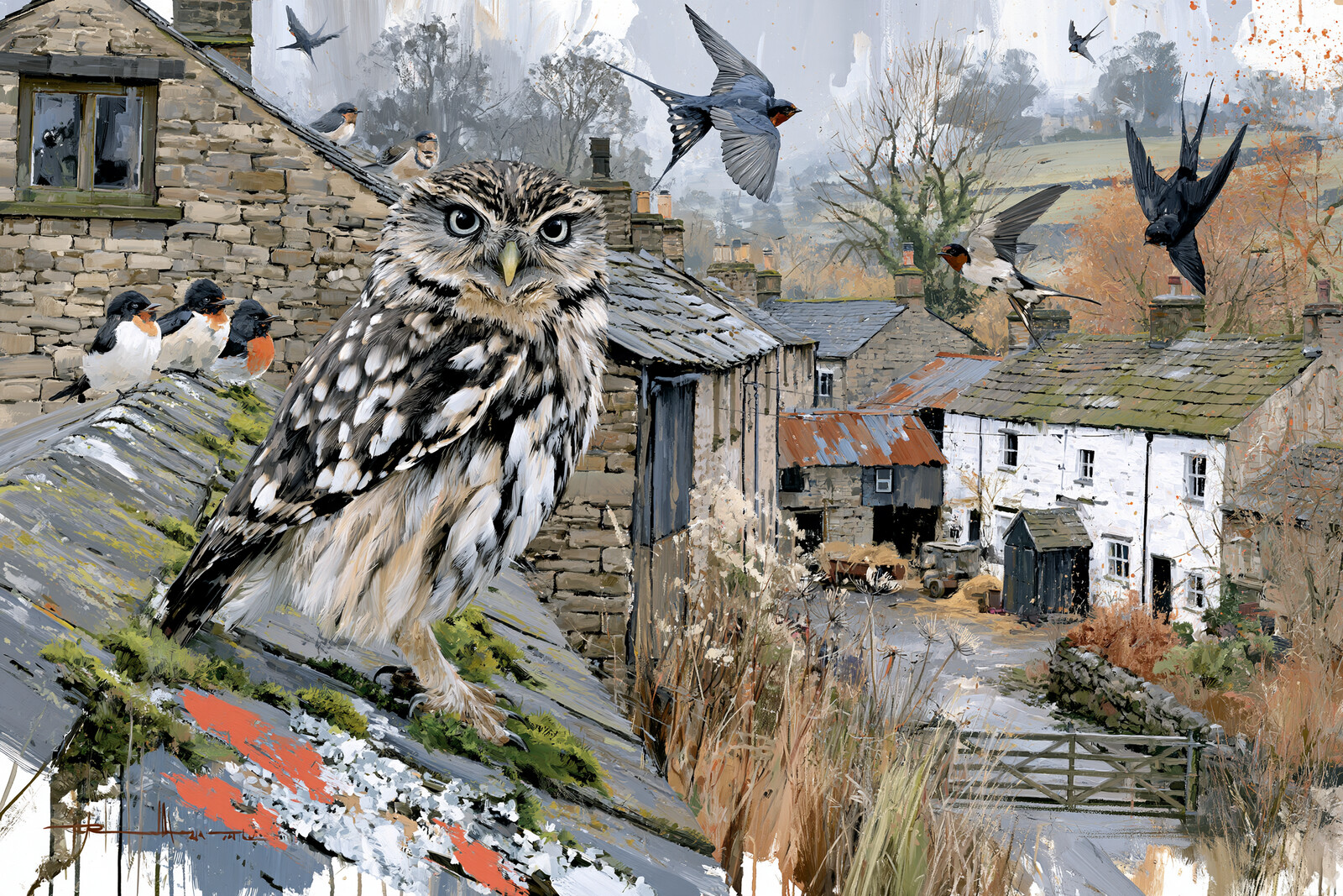 Little Owl on the Slate Roof