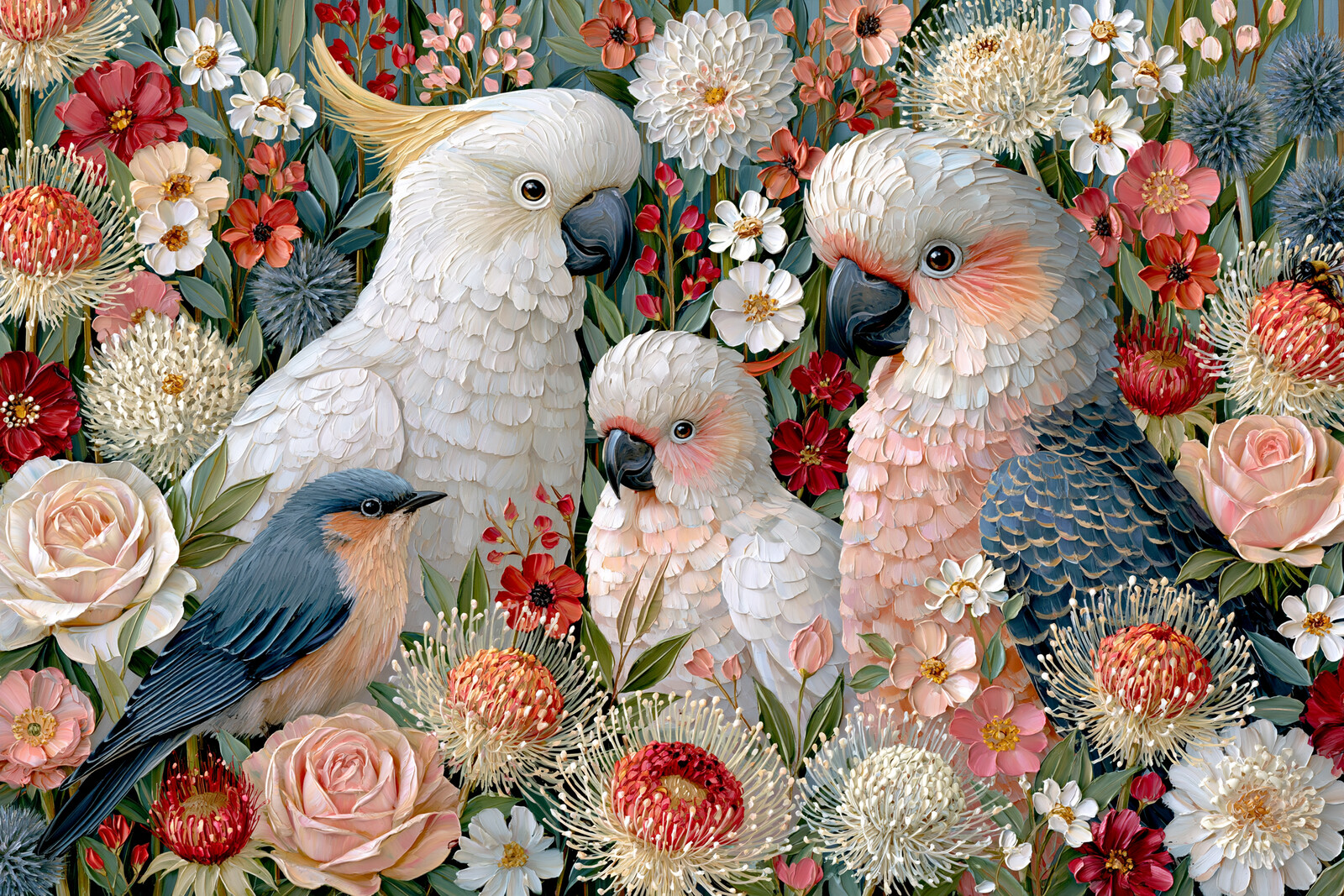 Folk Art - Cockatoo Family with Proteas