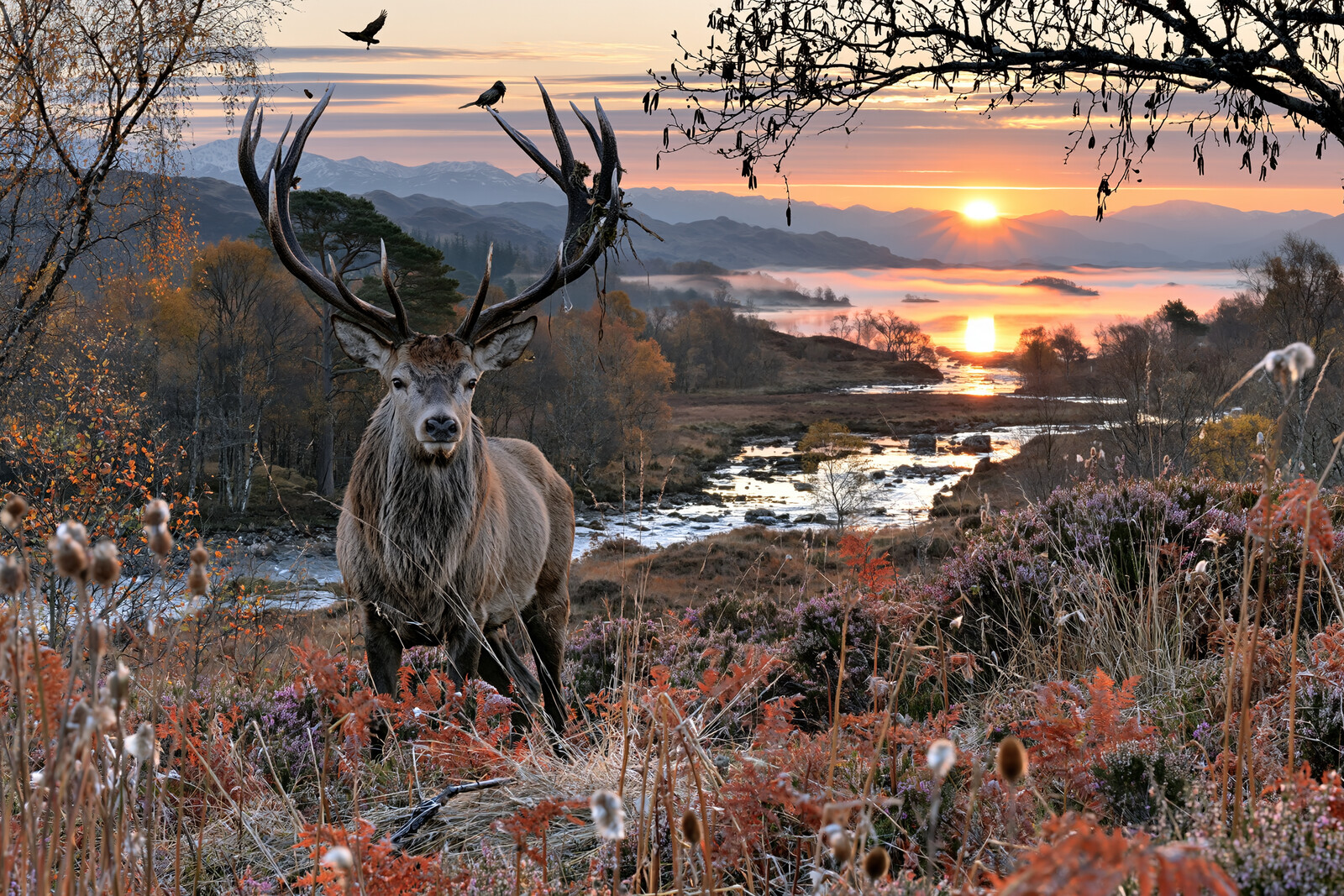 Stag by the Winding River at Sunset