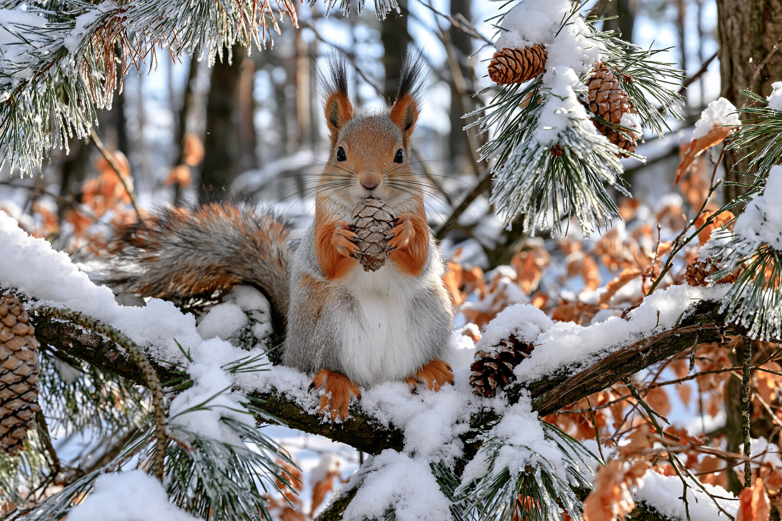 Red Squirrel Holding a Pine Cone