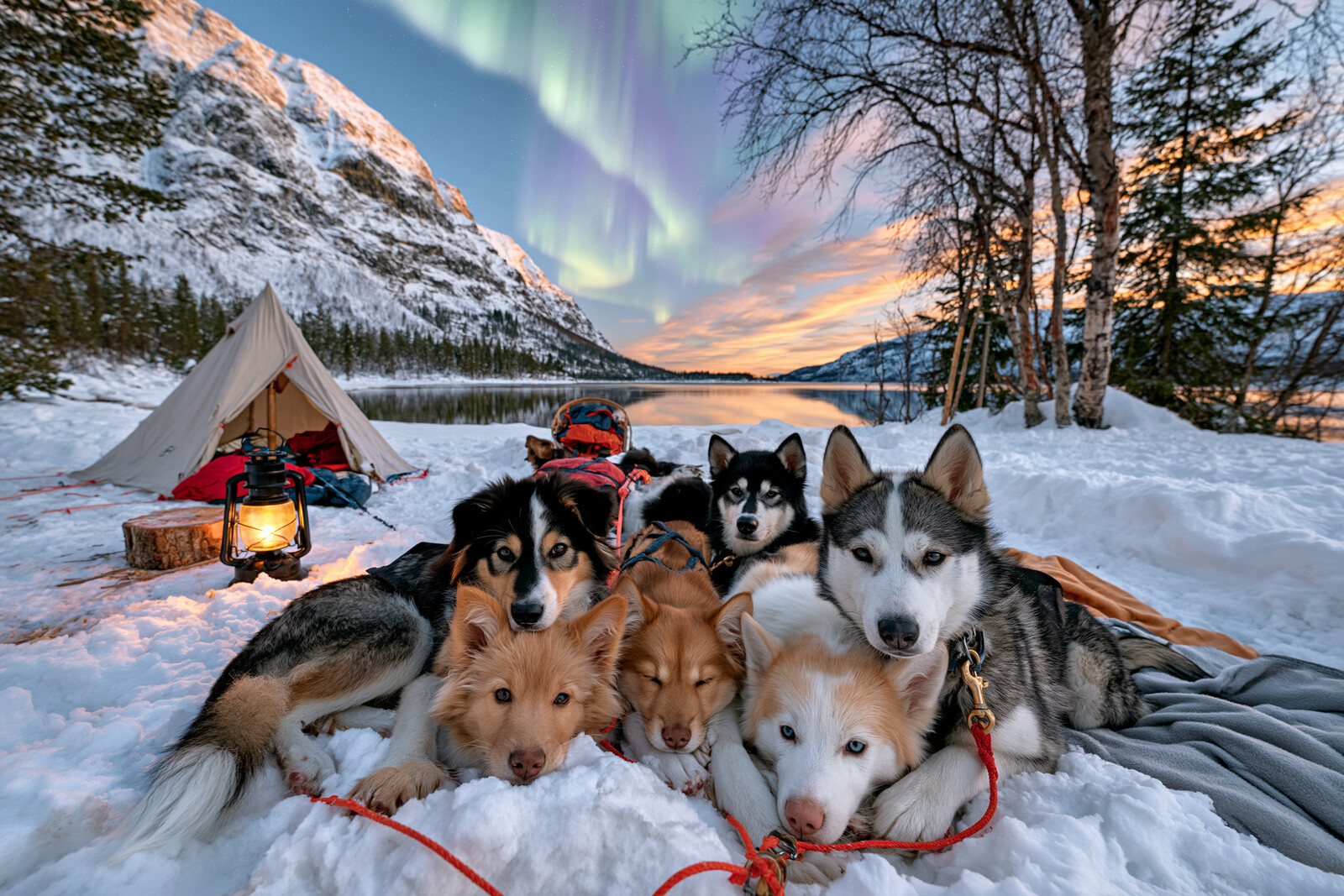 Huskies by the Lantern and Tent
