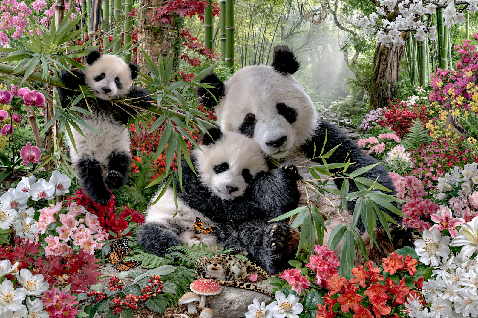 Artwork of Pandas Among Azaleas
